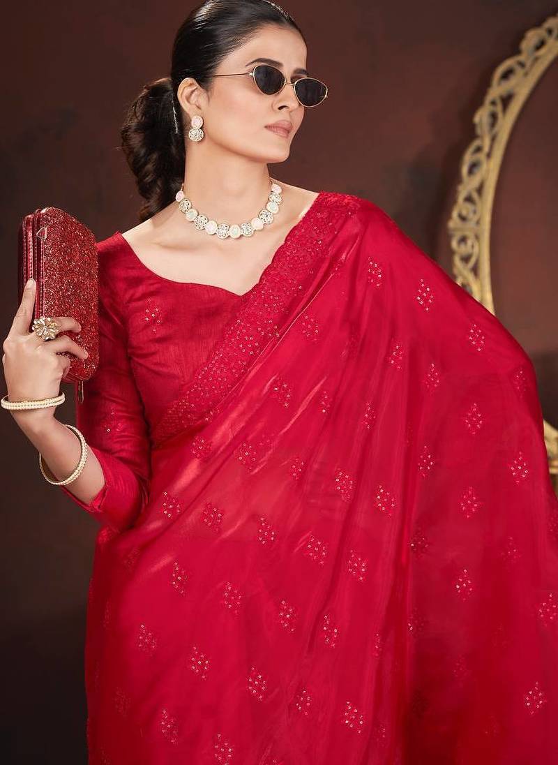 red silk saree with 3mm sequins embroidery