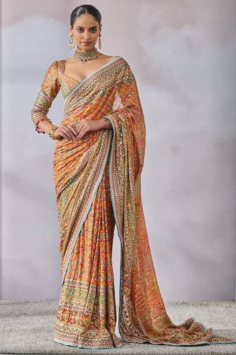 orange chinon silk saree with mirror work