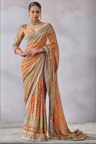 orange chinon silk saree with mirror work