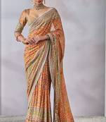 Orange Multi Color Print And Mirror Work Silk Saree