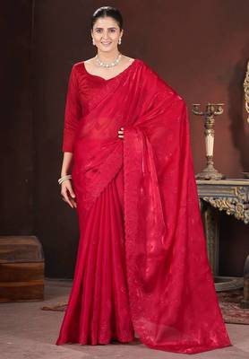 red silk saree with 3mm sequins embroidery 2