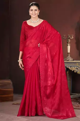 red silk saree with 3mm sequins embroidery