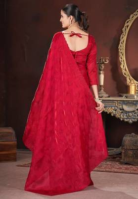 red silk saree with 3mm sequins embroidery 3