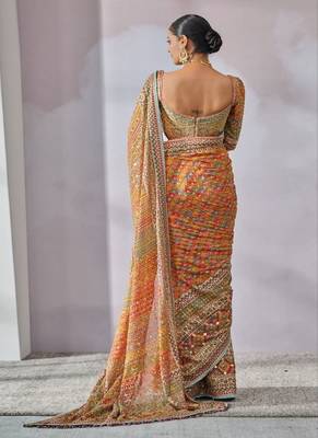 orange chinon art silk saree with mirror work 2