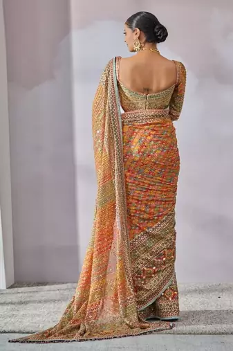 orange chinon silk saree with mirror work