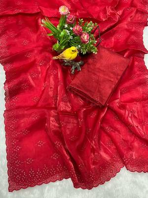 red silk saree with 3mm sequins embroidery 4