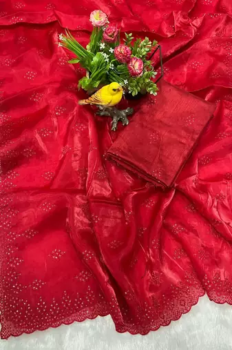 red silk saree with 3mm sequins embroidery