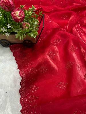 red silk saree with 3mm sequins embroidery 5