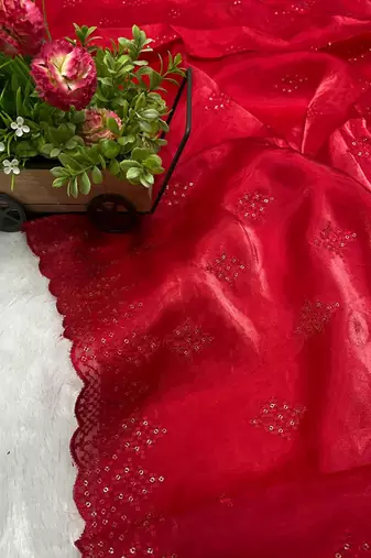 red silk saree with 3mm sequins embroidery