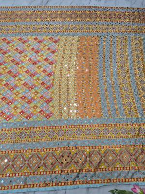 orange chinon art silk saree with mirror work 4