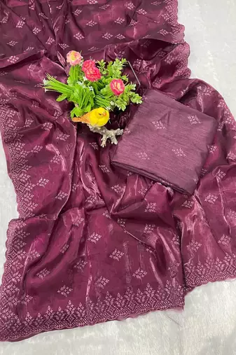 dark plum silk saree with 3mm sequins embroidery