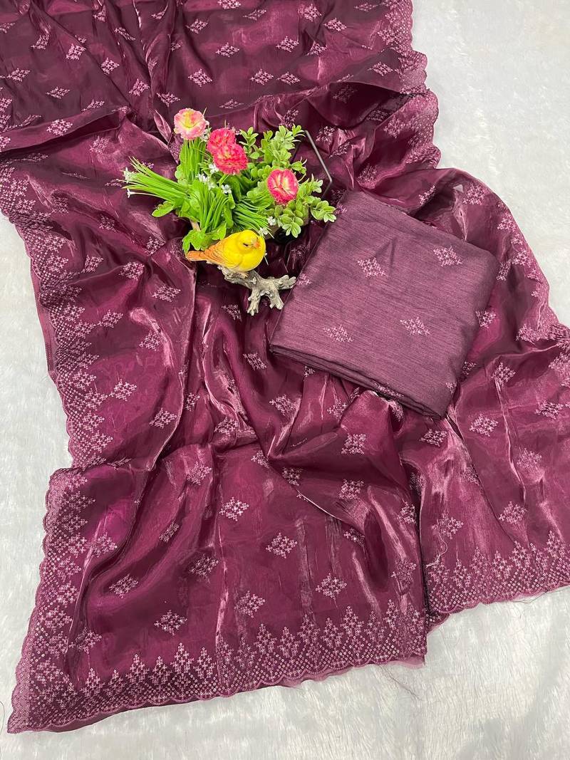 dark plum silk saree with 3mm sequins embroidery