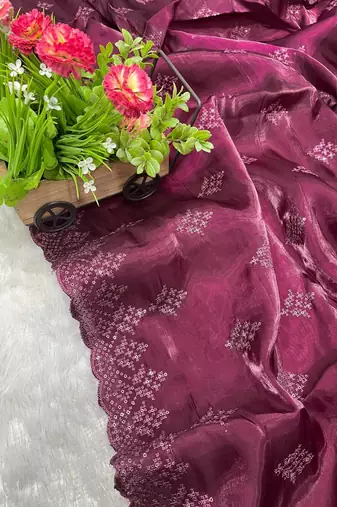 dark plum silk saree with 3mm sequins embroidery