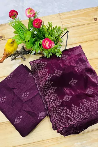 dark plum silk saree with 3mm sequins embroidery