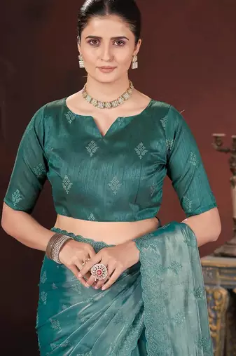 teal silk saree with sequins embroidery work