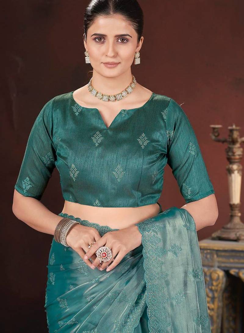 teal silk saree with sequins embroidery work