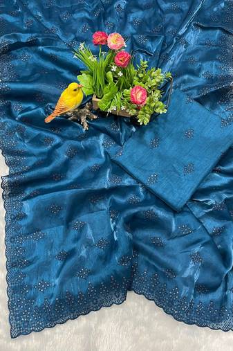 blue silk saree with sequins embroidery work