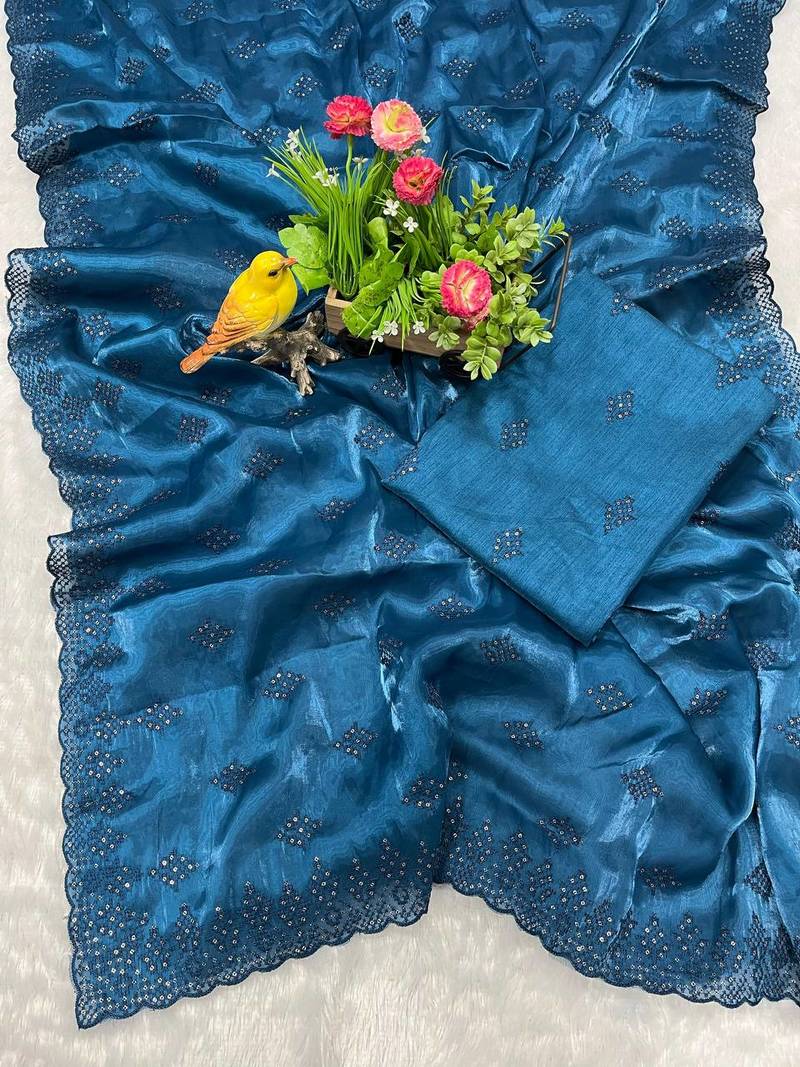 blue silk saree with sequins embroidery work