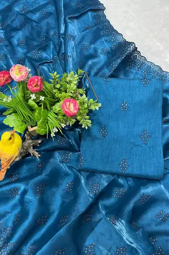 blue silk saree with sequins embroidery work