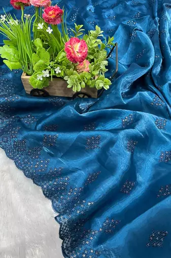 blue silk saree with sequins embroidery work