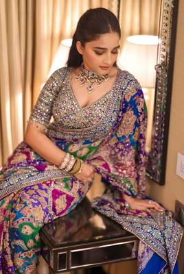 multicolor chinon art silk saree with mirror work 1