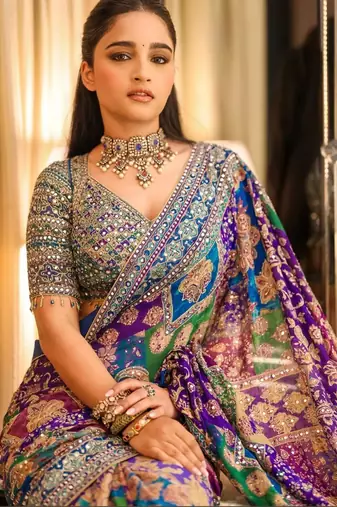 multicolor chinon silk saree with mirror work