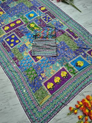 multicolor chinon art silk saree with mirror work 3
