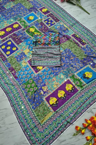 multicolor chinon silk saree with mirror work