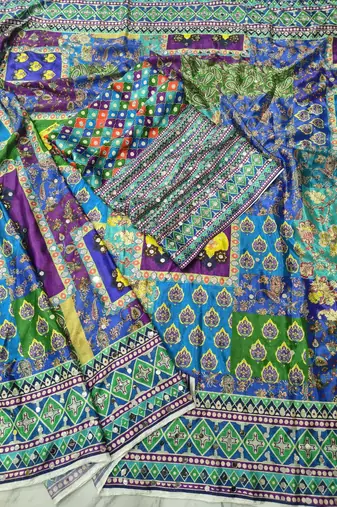multicolor chinon silk saree with mirror work
