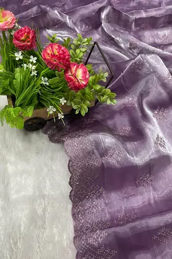 lavender silk saree with sequins embroidery work