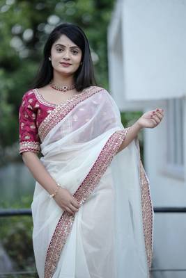 Off White Color Sequins and Jari Dori Embroidered Banarasi Crush Saree Saree 1