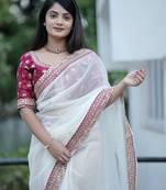 Off White Color Sequins and Jari Dori Embroidered Banarasi Crush Saree Saree