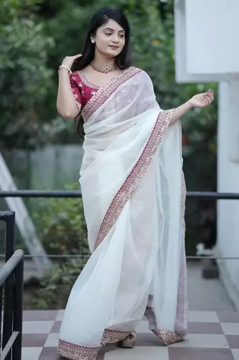 Off White Color Sequins and Jari Dori Embroidered Banarasi Crush Saree Saree