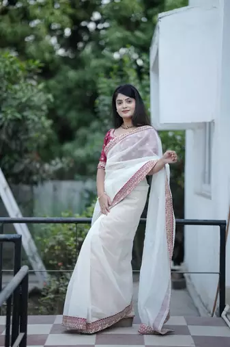 Off White Color Sequins and Jari Dori Embroidered Banarasi Crush Saree Saree