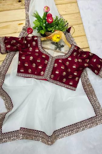 Off White Color Sequins and Jari Dori Embroidered Banarasi Crush Saree Saree