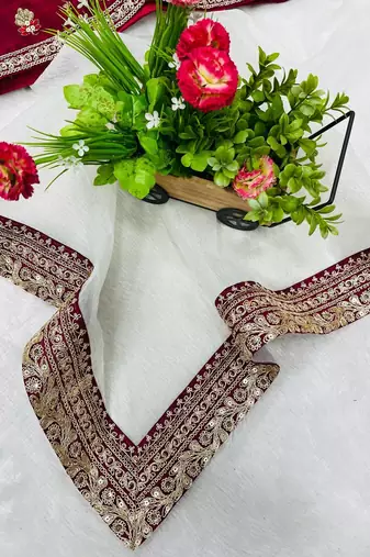 Off White Color Sequins and Jari Dori Embroidered Banarasi Crush Saree Saree