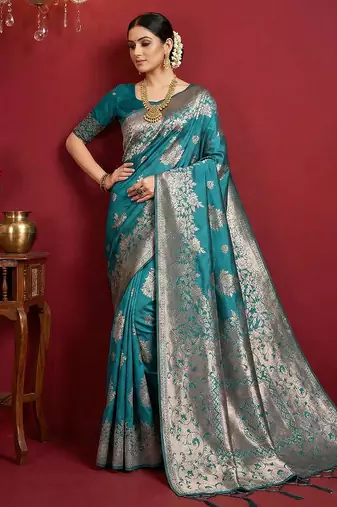 Blue silk blend woven saree with blouse