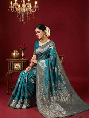 Blue silk blend woven saree with blouse 2