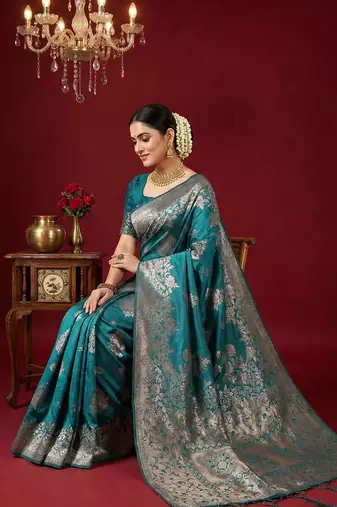 Blue silk blend woven saree with blouse