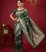 Dark green silk blend woven saree with blouse