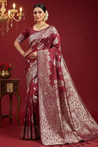 Maroon silk blend woven saree with blouse