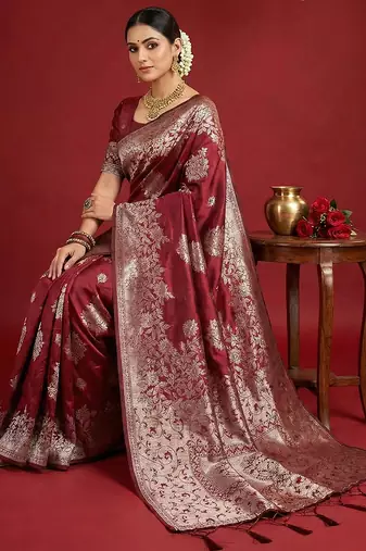Maroon silk blend woven saree with blouse