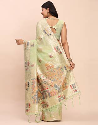 Rama linen woven work saree with blouse 4