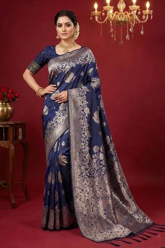Navy silk blend woven saree with blouse