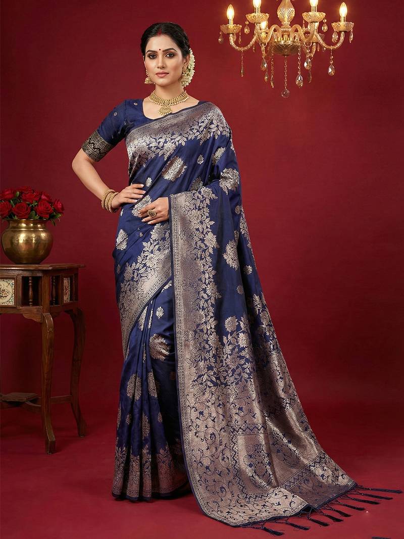 Navy silk blend woven saree with blouse