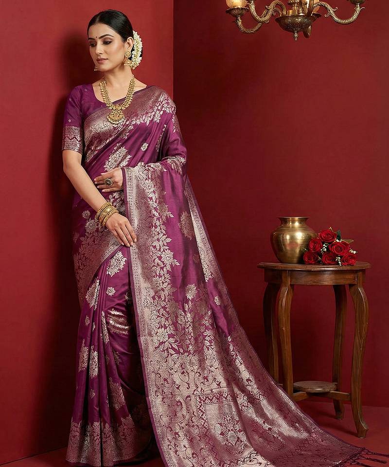 Purple silk blend woven saree with blouse