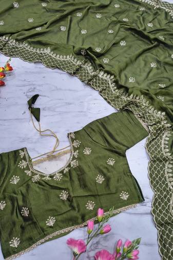 Olive Color Thread Embroidery And Sequins Work  Vichitra Silk  Saree