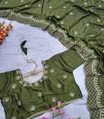Olive Color Thread Embroidery And Sequins Work  Vichitra Silk  Saree