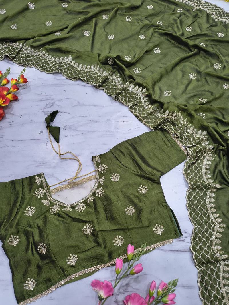 Olive Color Thread Embroidery And Sequins Work  Vichitra Silk  Saree
