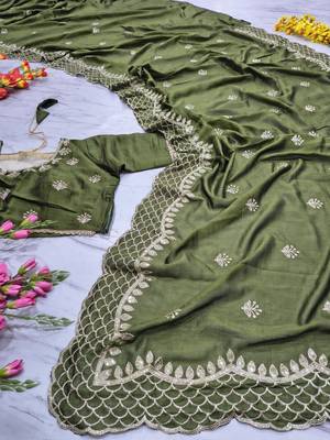 Olive Color Thread Embroidery And Sequins Work  Vichitra Silk  Saree 2